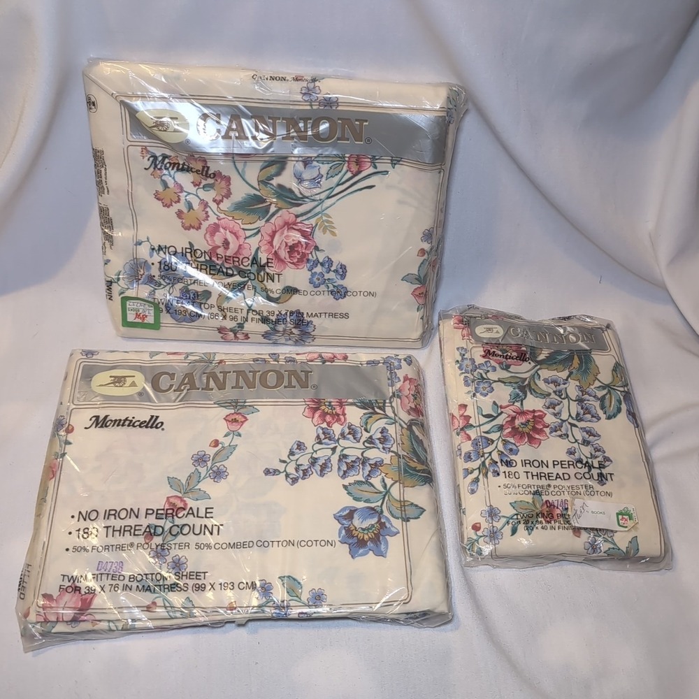 NOS Vintage USA Cannon Monticello Floral Twin Sheet Set W/ King Pillow Cases